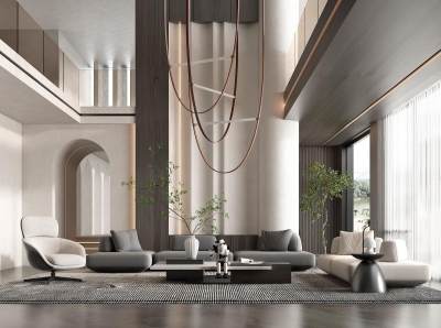 现代别墅客厅 布艺多人沙发 茶几 植物 吊灯